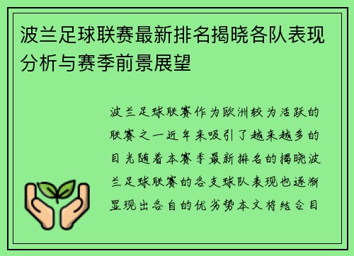 波兰足球联赛最新排名揭晓各队表现分析与赛季前景展望